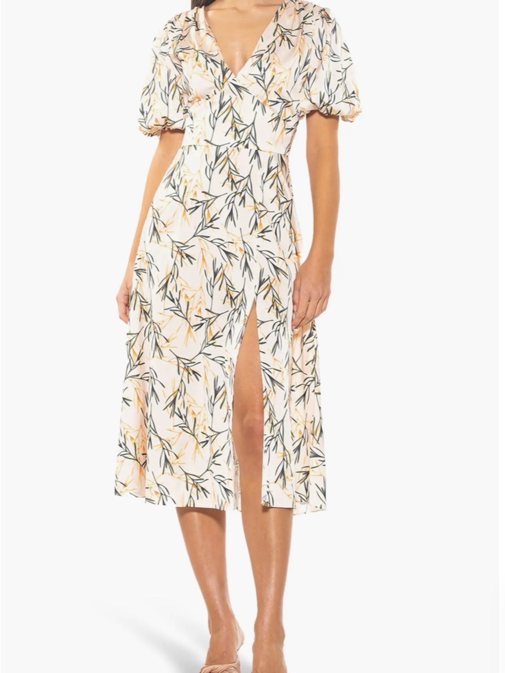 Alexia Admor V-Neck Puff Sleeve Midi Dress in Beige Wildflower, Size 4